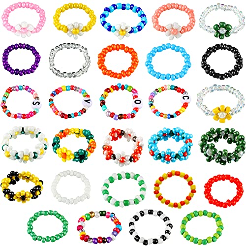 Jadive 29 Pieces Flower Beaded Ring Daisy Flower Bead Rings Set Rice Bead Rings Cute Handmade Vsco Boho Beach Rings Colorful Jewelry Ring Rainbow Colorful Beads Knuckle Ring Set for Girl Women