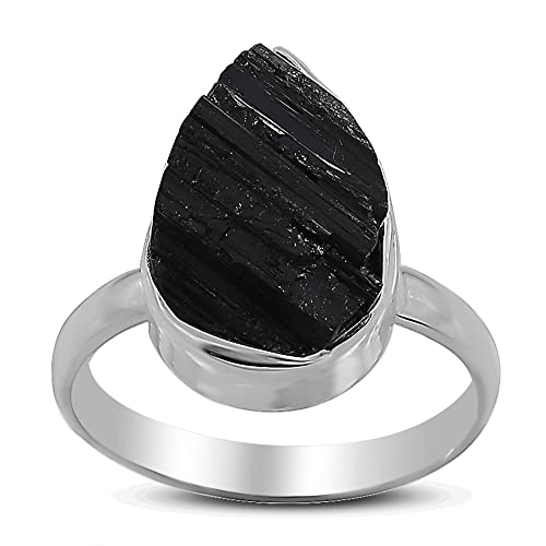 Jaipur Silver Jewels - Raw Uncut Black Tourmaline Slice Ring, Pear Shaped Plain Silver Ring, Best Gift Jewelry (Black Tourmaline, 10)