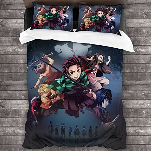 JERFYUT Anime Bedding Sets Twin Duvet Cover 3 Piece Cute Bed Set for Boys Girls Kid with 1 + 2 Pillowcases