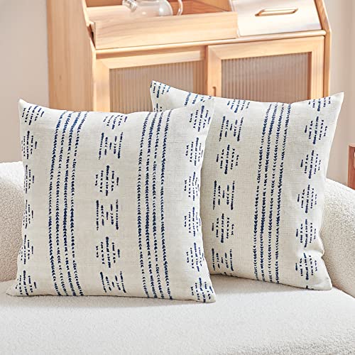 jinchan Linen Throw Pillow Covers Farmhouse Boho Geometric Striped Mudcloth Pattern Cushion Covers Textured Durable Pillowcases for Sofa Couch Bed Living Room 18x18 Inch Blue Pack of 2