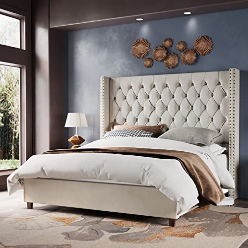 Jocisland Queen Size Bed Frame Velvet Upholstered Bed 61.4" Tall Headborad Handmade Tufted Pleat Deep Button/No Box Spring Needed/Cream