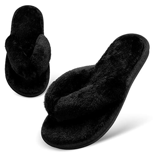 JOINFREE Women's Flip Flop House Slippers Slip-On Soft Warm Bedroom Spa Footwear Black 7.5/8.5 M US