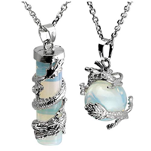 Jovivi 2pcs Synthetic Opalite Crystal Dragon Wrapped Round Ball Cylinder Gemstone Healing Crystal Pendant Necklaces Sets for Couples Valentines Day Gifts