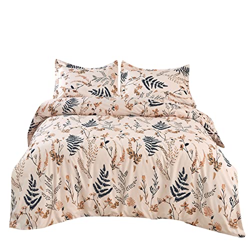 JSD 3 Piece Blush Floral Duvet Cover Set Queen, Soft Botanical Printed Microfiber Comforter Cover Zipper Closure Corner Ties