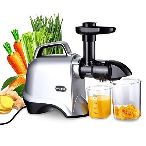 Juicer Machines-SOVIDER Up to 92% Juice Yield Masticating Slow Juicer With Reverse Function- Easy Clean Cold Press Juicer with Brush-Quiet Motor Compact Juicer for Vegetables and Fruits Space-Saving