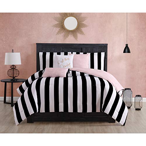 Juicy Couture Cabana Stripe Reversible Bedding Set - Queen Size - Black and White Stripe Print – 6 Piece Set – Includes 1 90" x 90" Comforter, 3 Decorative Pillows, 2 Shams