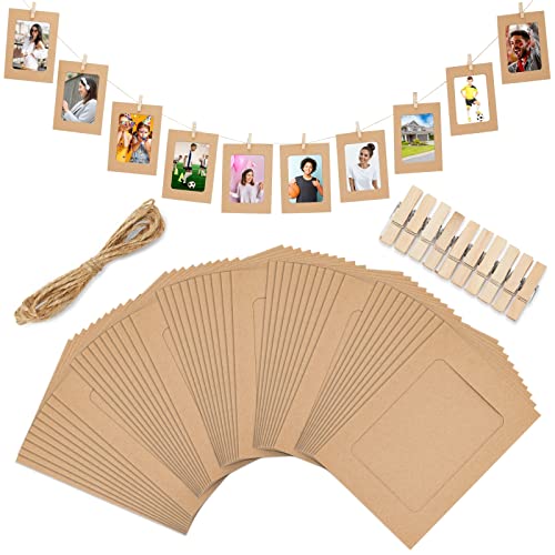 Juvale 50 Pack Cardboard Picture Frames, 4x6 DIY Photo Hanging Kit with Wooden Clips and Paper String for Home Wall Decor