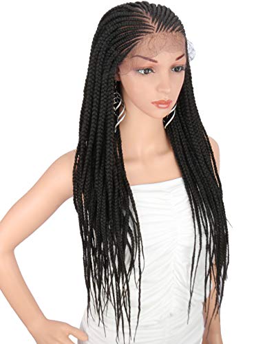 Kalyss 28" Hand-Braided 13X6" Lace Frontal Side Part Twist Braids Wigs with Baby Hair for Black Women 100% kanekalon Black Synthetic Lightweight Hand-Tied Lace Front Box Braided Wig