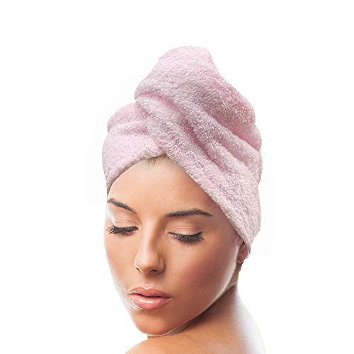 KEEPOZ Hair Towel Wrap Quick Dry 100% Cotton Super Absorbent Turban Head Wrap for Women with Button, Non Microfiber Anti Frizz Hair Products, Hair Cap for Curly, Long & Thick Hair (Pink)