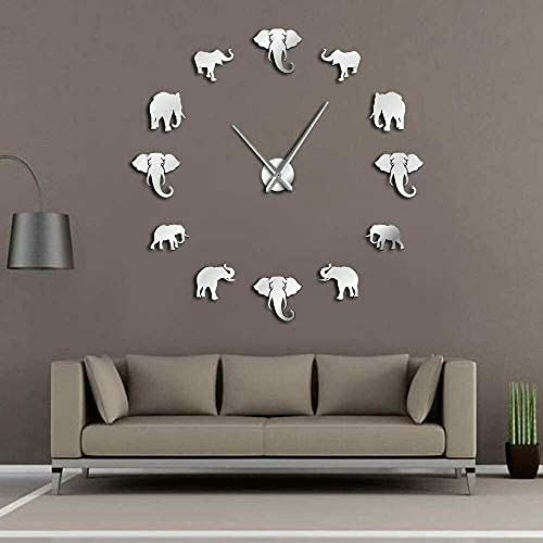 King Live Large DIY Elephant Wall Clock Mirror Effect Wall Clock 47 Inch Giant Frameless Elephant Clock 3D Wall Watch Home Decor Modern Design Hanging Wall Art (Silver)