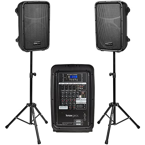 Knox Dual Speaker and Mixer Set–Portable 8” 300 Watt DJ PA System with Wired Microphone & Tripod Stands, 8 Channel Amplifier, Bluetooth, USB, SD, 1/4” Line RCA, XLR Inputs, Ideal for a Party or Event