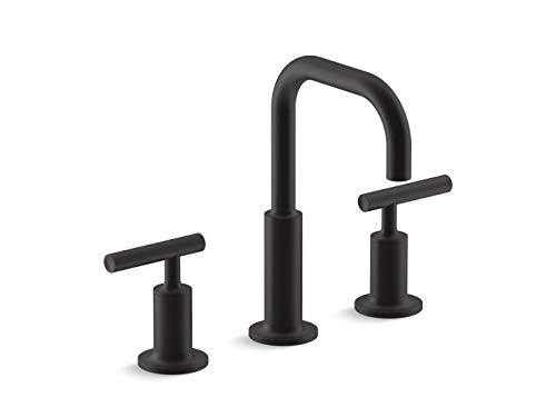 KOHLER 14406-4-BL Purist Lavatory Bathroom Faucet, Widespread Sink Low Lever Handles and Low Gooseneck Spout, Matte Black