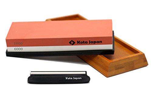 Kota Japan 1000-grit Coarse Side and 6000-grit Polishing Side Knife Sharpening Whetstone with Bamboo Base and Blade Guide