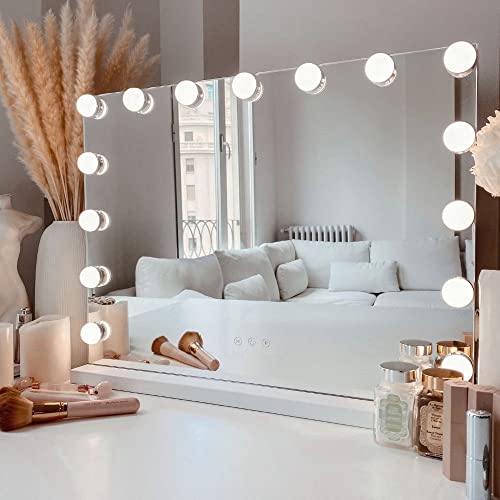 Kottova Vanity Mirror with Lights,Makeup Mirror with Lights, Hollywood Lighted Mirror with 15 Dimmable LED Bulbs,3 Colors Modes,Touch Control,USB Charging Port,Metal Frame,White