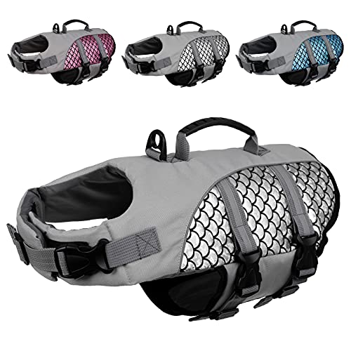 Kuoser High Visibility Dog Life Jacket, Adjustable Pet Floatation Life Vest Dog Swimsuit with Reflective Stripes & Rescue Handle, Shining Fish Scales Dog Lifesaver Swimwear for Pool Beach Silver XS