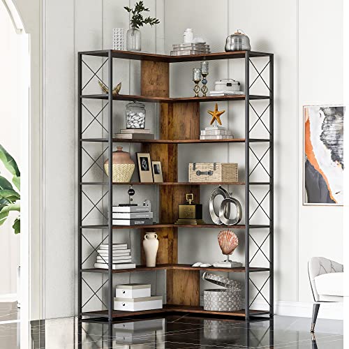 L-Shaped Corner Bookcase, 7-Tier Tall Bookshelf with Open Storage, Industrial Etagere Shelf,Freestanding Style, Metal Frame,Brown