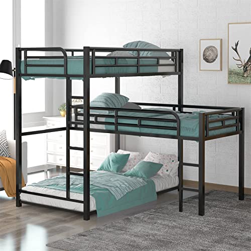 L-Shaped Triple Bunk Beds, Metal loft Bed with Two Ladders and Full-Length Guardrails, Space-Saving, Noise-Free 3 Bed bunk beds for Kids