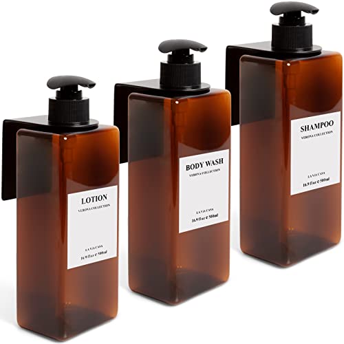 La Via Casa Amber Wall Mounted Shampoo and Conditioner Dispenser Bottles 3 Set | No Drill Mount Shower Bathroom Containers for Home Essentials Soap Lotion Body Wash Gel | Bottle Waterproof Labels Pump