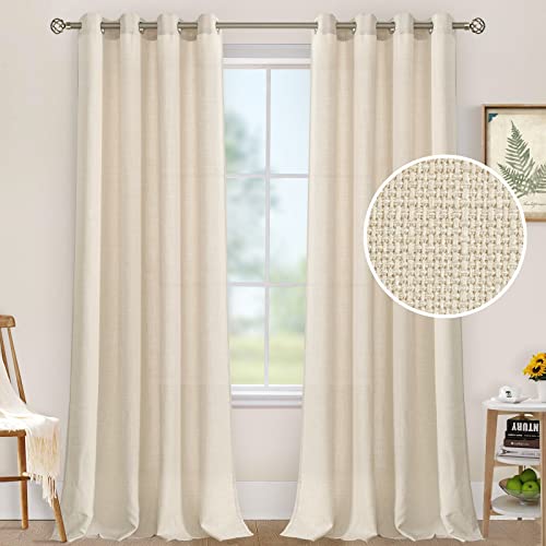 LAMIT Linen Curtains 95 Inch for Bedroom, Grommet Thick Linen Textured Sheer Curtains Light Filtering Privacy Window Curtains for Living Room, Set of 2 Panels, 52 x 95 Inch, Light Beige