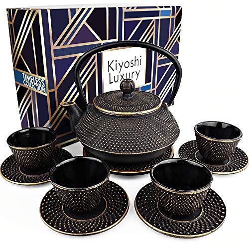 Large 11PC Japanese Tea Set "Black and Gold" Cast Iron Tea Pot 26Oz with 4 Tea Cups (2Oz each), 4 Saucers, Leaf Tea Infuser and Trivet. Ceremonial Matcha Accessories