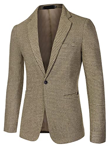 Lars Amadeus Men's Casual Plaid Sports Coat Notched Lapel One Button Houndstooth Blazer Large Khaki