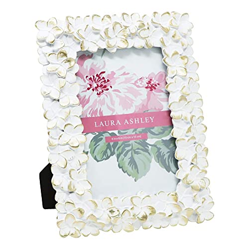 Laura Ashley 4x6 White & Gold Flower Textured Hand-Crafted Resin Picture Frame w/ Easel & Hook for Tabletop & Wall Display, Decorative Floral Design Home Décor, Photo Gallery, Art (4x6, White/Gold)