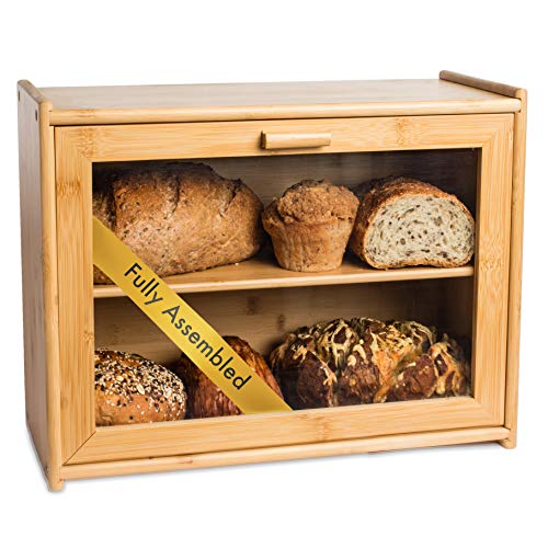 Laura's Green Kitchen Large Bread Box - Bamboo Wood Bread Box with Clear Front Window - Farmhouse Style Bread Bin for Kitchen Counter - Double Layer Bread Storage Bin Holds 2 Loaves - Fully Assembled