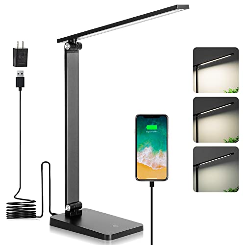 LED Desk Lamp, 8W Desk Lamp with USB Charging Port, Desk Lamps for Home Office, 3 Brightness Level Desk Light, Eye Caring Natural Light Office Lamp, Touch Control Table Lamp for Reading, Study, 5000K