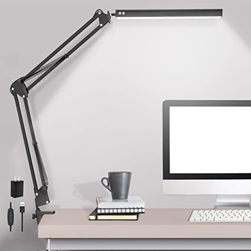 LED Desk Lamp,Adjustable Swing Arm Desk Lamp with Clamp,Dimmable Desk Light Eye-Care Table Light, Memory Function, 3 Color Modes, 10-Level Brightness Table Lamp for Home, Office, Study, Reading