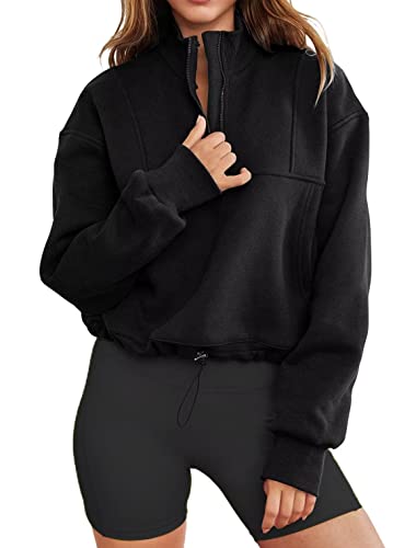 LEEDYA Women Half Zip Pullover Turtle Neck Long Sleeve Collared Shirt Cropped Sweatshirt Patchwork Crop Top Black L