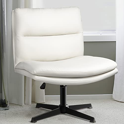 LEMBERI PU Leather armless Office Desk Chair no Wheels,Criss Cross Legged Home Office Chair, Wide Padded Swivel Vanity Chair,120°Rocking Mid Back Ergonomic Computer Task Chair for Make Up,Small Space