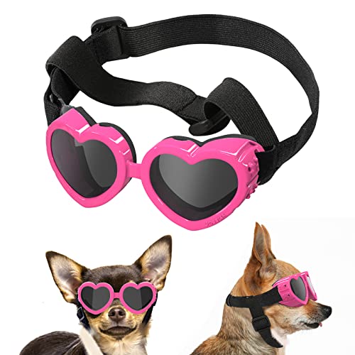 Lewondr Small Dog Sunglasses UV Protection Goggles Eye Wear Protection with Adjustable Strap Doggy Heart Shape Anti-Fog Sunglasses for Pet Dogs Sun Glasses Doggie Windproof Glasses, Pink