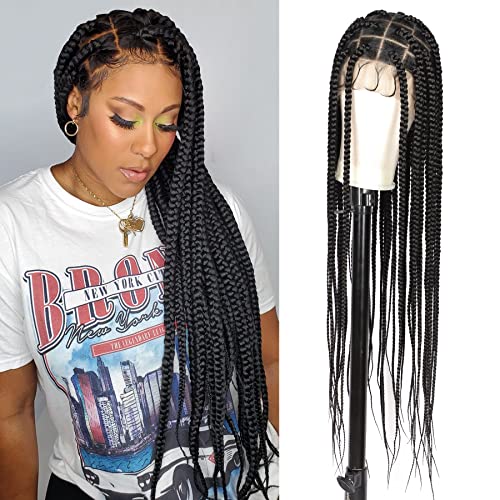 Lexqui 36" Large Square Knotless Box Braided Wigs for Women Full Double Lace Braided Wigs with Baby Hair Long Black Cornrow Lace Frontal Braids Wig Natural Looking Synthetic Braided Lace Wigs