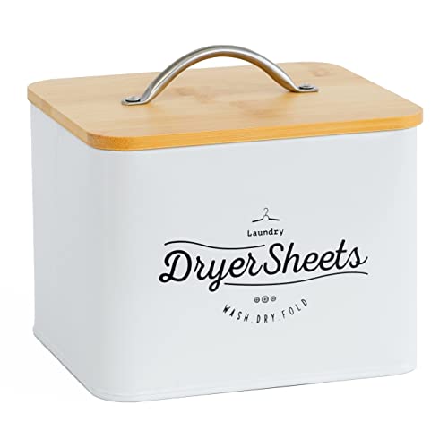 LifeLAZA Metal Dryer Sheet Holder with Bamboo Lid, Dryer Sheet Dispenser for Fabric Softener Sheets, Farmhouse Container Storage Box for Laundry Room Decor