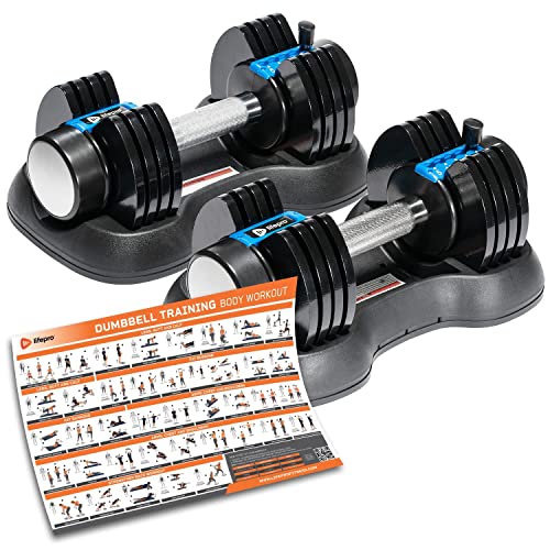 LifePro Adjustable Dumbbell Set Pair, 5-in-1 Adjustable Free Weights Plates and Rack - Hand Weights for Women and Men - Dumbbells Set with (25-50 Pounds Double)