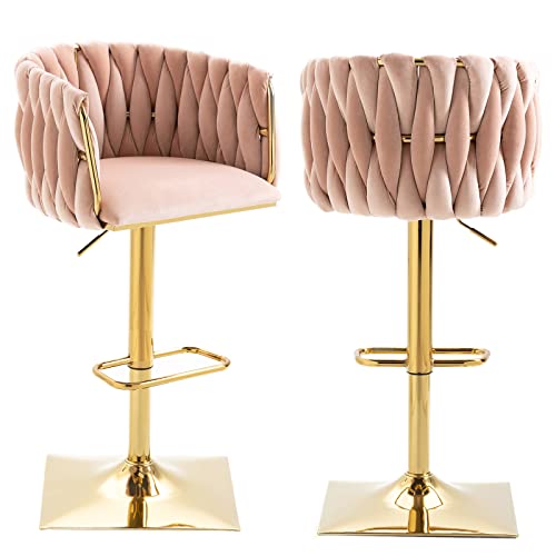 Lin-Utrend Luxury Swivel Bar Stools Set of 2,Velvet Height Adjustable Chair,Swivel Bar Stool, Luxury Upholstered Counter Stool,Curved Mid Back Kitchen Island with Woven Back Golden Square Base (Pink)