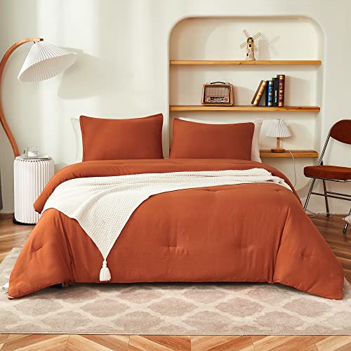 Litanika Boho Comforter Full Size Set Burnt Orange, 3 Pieces Bed Solid Terracotta Lightweight Bedding Comforter Set, Rust Fluffy Winter Quilted Blanket Set (79x90In Comforter & 2 Pillowcases)