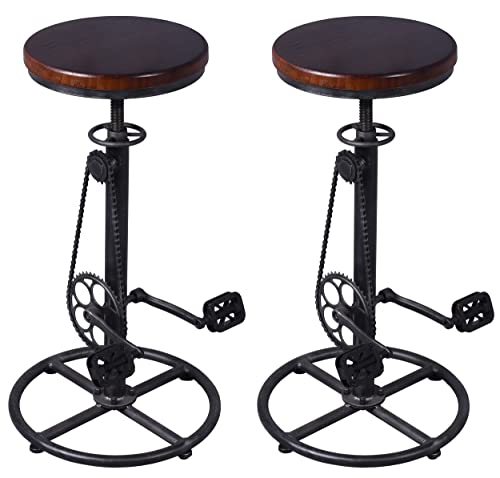 LOKKHAN Rustic Swivel Adjustable Bike Stool-29-37 Kitchen Counter Bar Height-Set of 2 Industrial Farmhouse Countertop Barstools-Metal and Wood