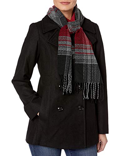 LONDON FOG womens Double Breasted Peacoat With Scarf Pea Coat, Black, Medium US