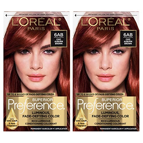 L'Oreal Paris Superior Preference Fade-Defying + Shine Permanent Hair Color, 6AB Chic Auburn Brown, Pack of 2, Hair Dye