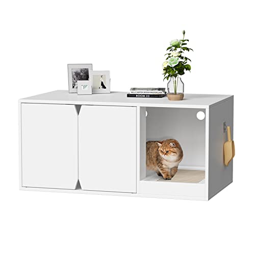 Lovinouse Cat Litter Box Enclosure Furniture, Stackable Washroom Bench with Cat Litter Catch, Indoor Cat Cabinet for Living Room (White)