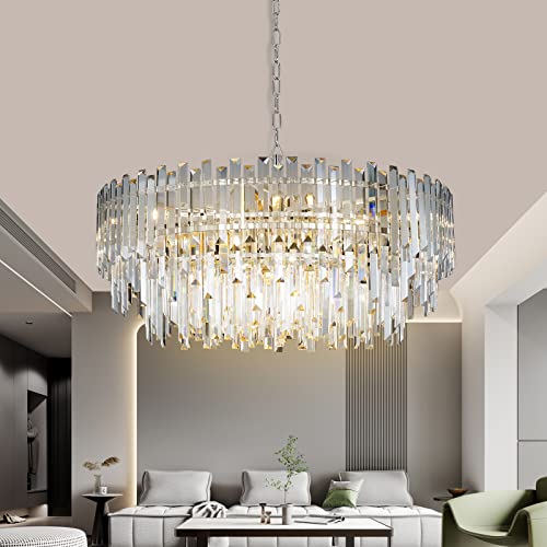 Lt-vt Chrome Crystal Chandelier Lighting 31'' for Dining Rooms Bedroom Foyer Entryway Ceiling Hanging Pendant Chandelier Light Fixture Lamp