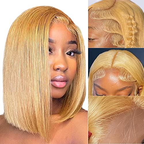 LuAiJa Blonde Bob Lace Front Wigs Human Hair 27# Honey Blonde Bob Wig Human Hair Pre Plucked With Baby Hair 13x4 Hd Lace Front Wigs For Black Women 150% Density Short Bob Wig 14 Inch