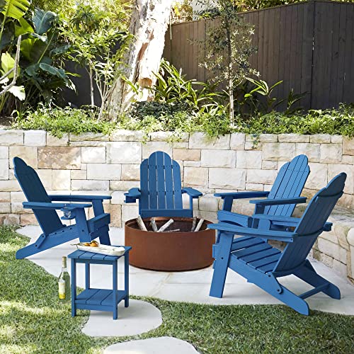 LUE BONA Folding Adirondack Chair Set of 4, Navy Poly Fire Pit Adirondack Chair Weather Resistant, Modern Plastic Adirondack Patio Chairs with Cup Holder, 320LBS, Outdoor Chairs for Pool Porch Beach