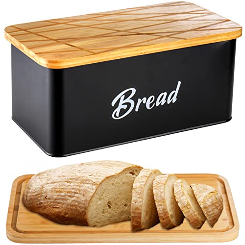 Lyellfe Farmhouse Metal Bread Box, Black Bread Storage Container with Cutting Board Lid, Vintage Retro Bread Keeper Bin for Homemade Bread, Kitchen Countertop, Pantry, Freezer, Keep Fresh