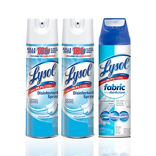 Lysol Disinfectant Spray + Fabric Disinfectant, Sanitizing and Antibacterial Spray, For Disinfecting and Deodorizing, Crisp Linen + Sundrenched Linen, 2 count (19 oz each) + 1 count (15 oz)