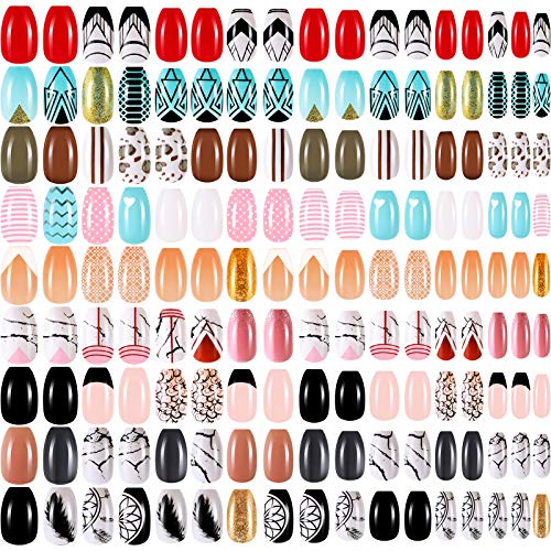 Maitys 216 Pieces Short Coffin Press on Nails Ballerina False Nails Glitter Glossy Full Cover Artificial Nail Colorful False Nail for Nail Salon Art DIY Nails Decoration Women Girls (Elegant Pattern)