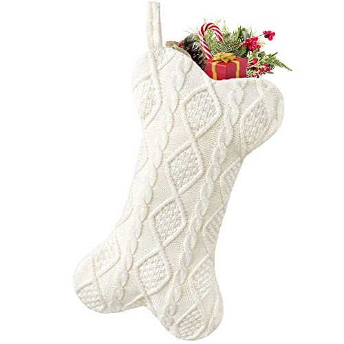 Malier Dog Christmas Stocking, Knit White Christmas Stocking for Dogs, Bone Shape Dog Stocking Christmas Large Pet Stockings Hanging Dog Christmas Stocking for Dogs Cats Pets (Style 1)