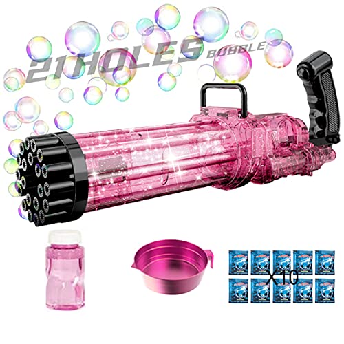 Mangold Upgraded Large Automatic Bubble Machine with Light Bubble Guns Automatic Bubble Gun Toy 21-Holes Huge Amount Bubble Maker for Boys and Girls(Upgraded Large Pink)