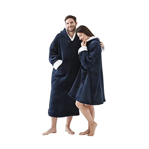 Maple&Stone Wearable Blanket Hoodie Oversized Sweatshirt for Women Adults Men Teens, Flannel Sherpa Fleece Blanket Sweatshirt, Big Plush Cozy Hooded Blanket with Hood, Pocket & Sleeves (Navy,Adult)